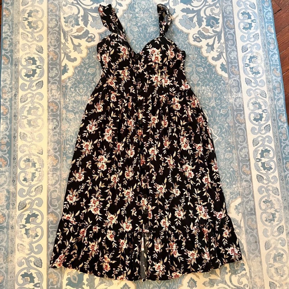 BOG Collective Large Sundress Dress Shelf Bra Buttons Black Floral with Pockets!